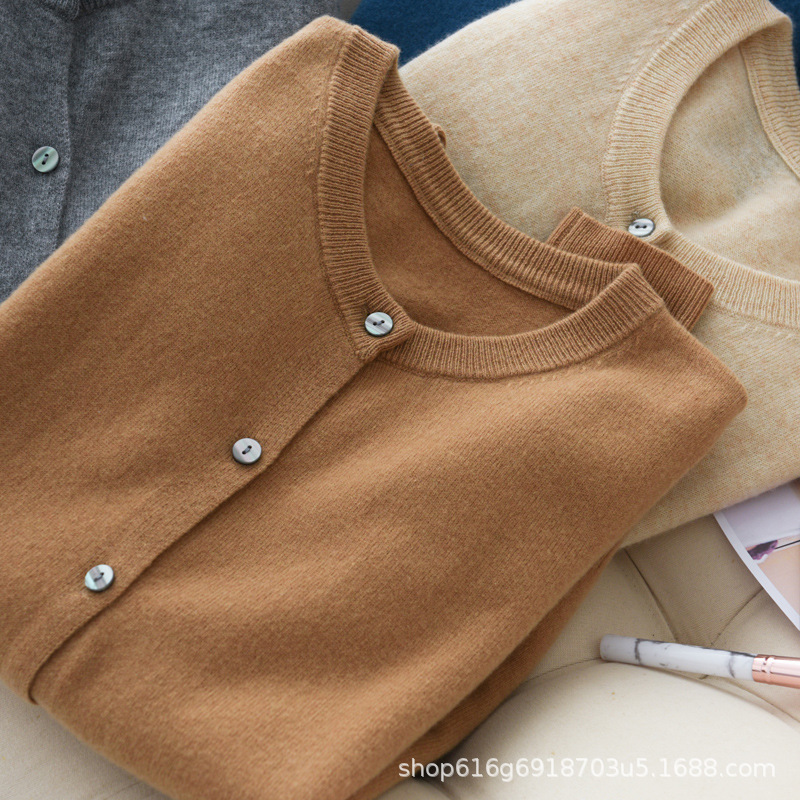 Spring and Autumn New Meinu wool cardigan women's solid color loose round neck short knitted long sleeve sweater coat Australian wool