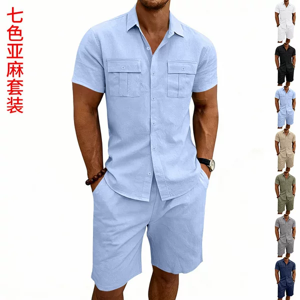 European and American Cross-Border Summer Men's Linen Outdoor Casual Workwear Short-Sleeved Shirt Beach Shorts Set Wholesale