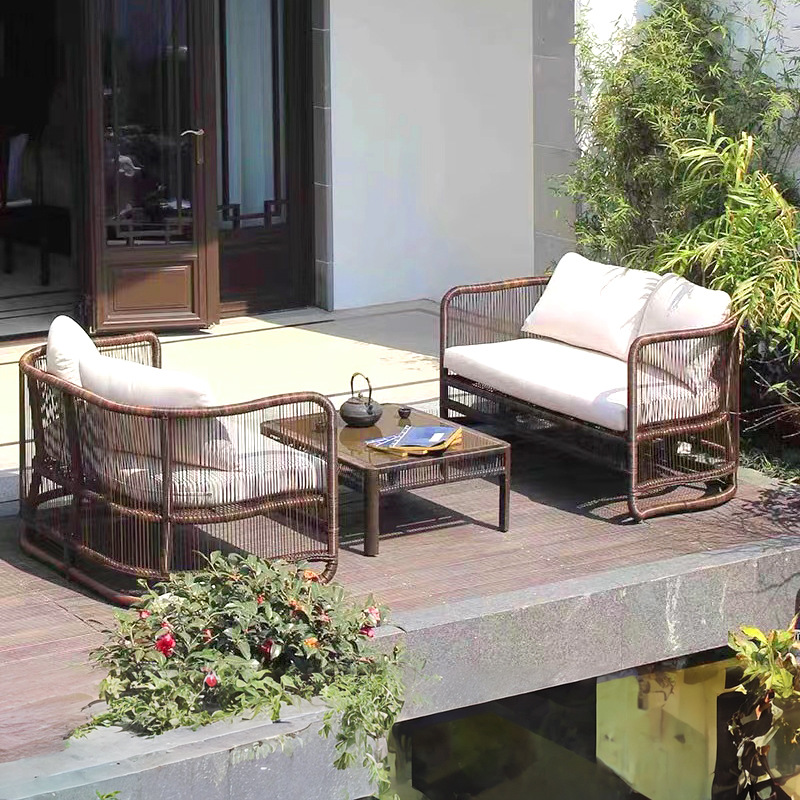 Sofá para exteriores, balcón para patio, conjunto de muebles impermeables y con protección solar, terraza para jardín, mesa de café de ratán para alojamiento rural