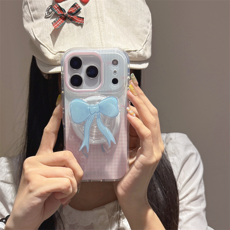 蓝条纹粉格纹蝴蝶结磁吸适用iPhone17苹果16ProMax/15/14手机壳女|undefined
