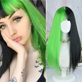跨境外贸黑色绿色双拼带刘海合成长直发假发cosplay时尚仿真头套