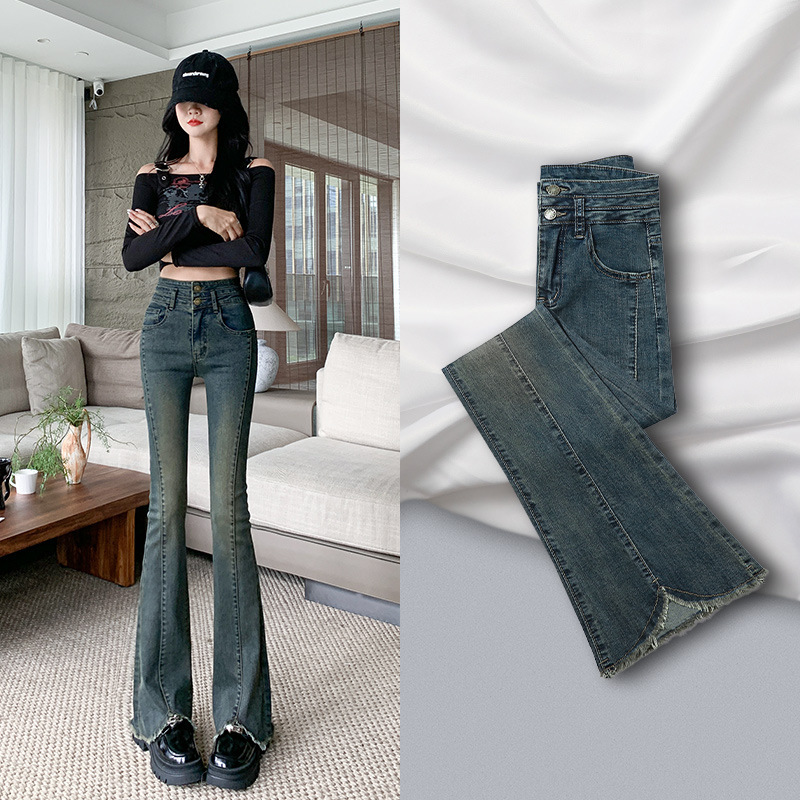 Vintage micro-jeans women's spring and autumn 2024 new high waist slim horseshoe pants small horn pants