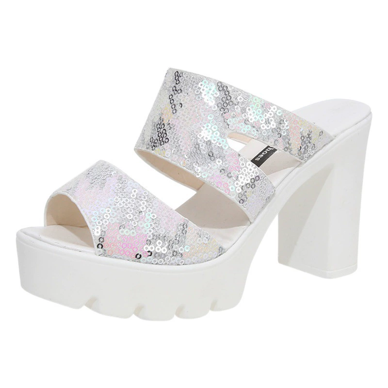 2023 Европа и США новые летние женские тапочки на высоком каблуке, носят сандалии на толстом каблуке Fish Mouth с открытым носком на толстой подошве 35-40