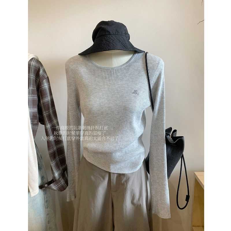 Korean Style College Style Shoulder Crewneck Embroidered Pit Knitted Long-sleeved T-shirt Women's Autumn and Winter Slim-fit Inner Base Top