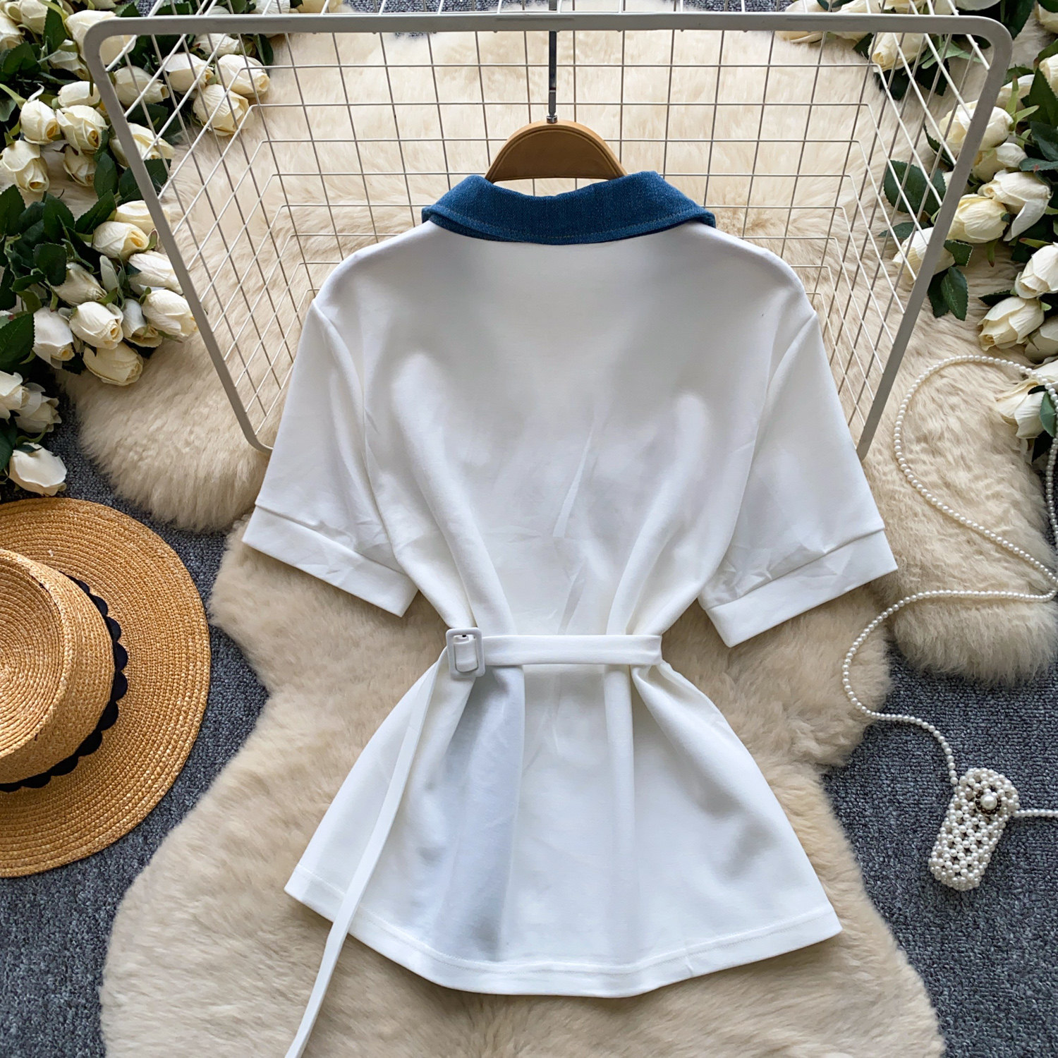 Women's Clothing Women's Style Loose Breathable Shirt Peter Pan Collar Lace Patchwork Design Short Sleeved Waist Cinching Top For Commuting_ecoleips.com