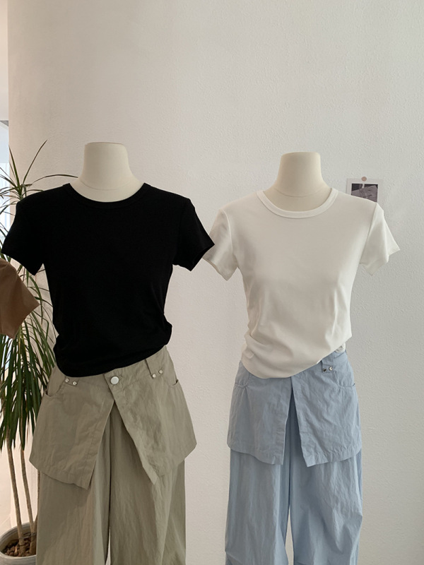 Omalai 無地ショルダースリムフィット半袖 Tシャツ多用途ファッショントレンド新作トップス卸売女性 3699|undefined