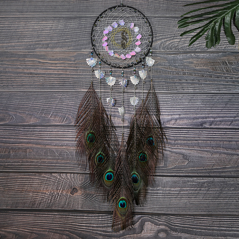 Transfronterizo pluma de pavo real Dream Catcher adornos campanas de viento tejidas a mano campana Dream Catcher colgante habitación decoración de la pared al por mayor