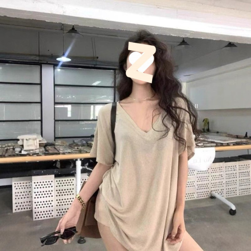 Fat MM 300 pounds extra-large summer sexy temperament V-neck dropped shoulder short-sleeve T-shirt for women loose and slimming top