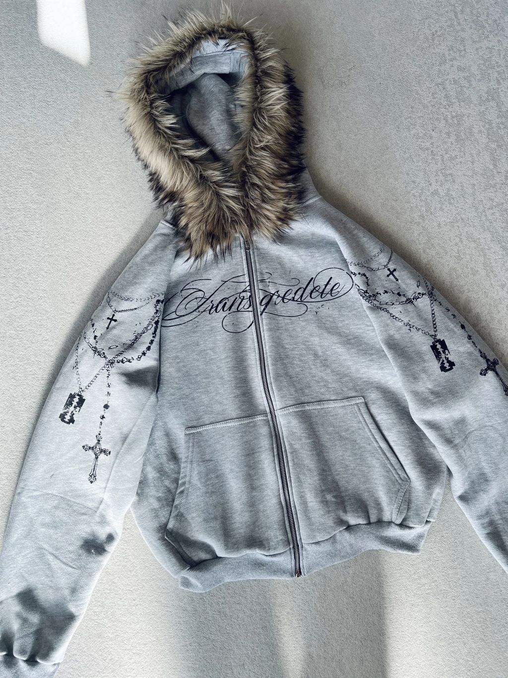 Other Zip Sweater Detachable Fur Trim Graphic Print Grey