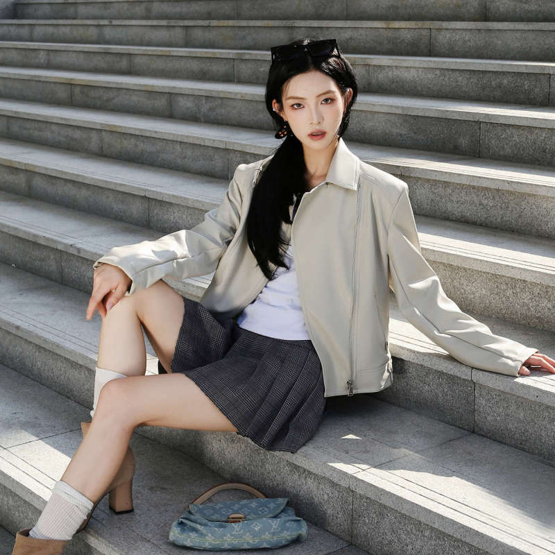 时尚肌理感pu皮衣外套女款春秋短款气质百搭甜酷机车女式皮夹克|undefined