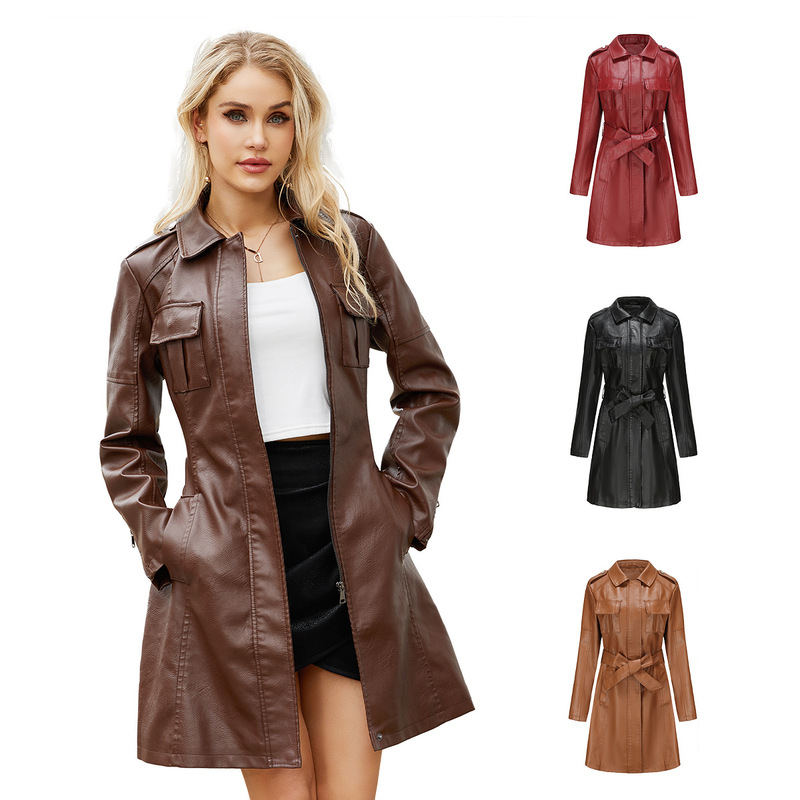 2023 New European and American Mid-Length Leather Jacket with Belt Spring & Fall Long-Sleeved Leather Windbreaker Fashionable British Jacket for Women 6652 2023 New European and American Mid-Length Leather Jacket with Belt Spring & Fall Long-Sleeved Leather Windbreaker Fashionable British Jacket for Women 6652
