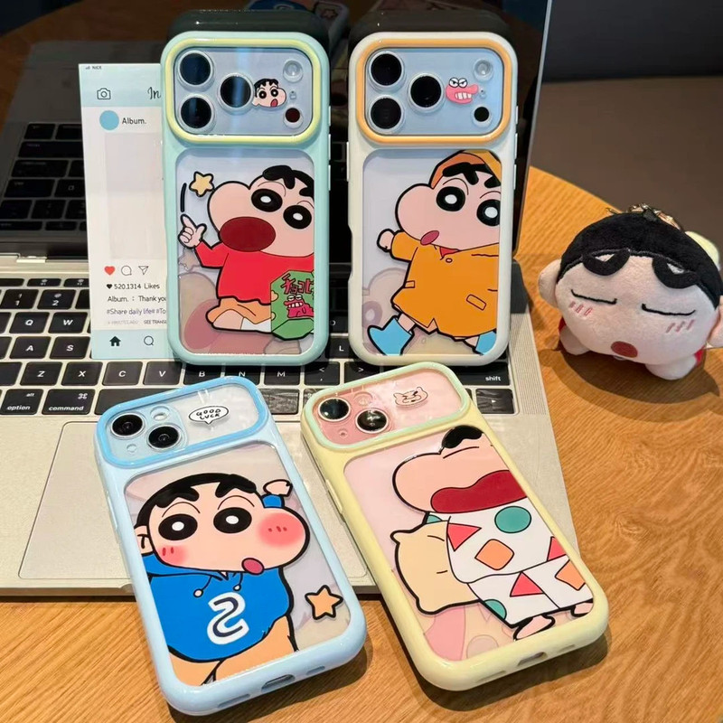 Trendy and fun Shin-chan phone case for iPhone 17/16 Pro Max, 15/14 Pro, with large viewing window, 13