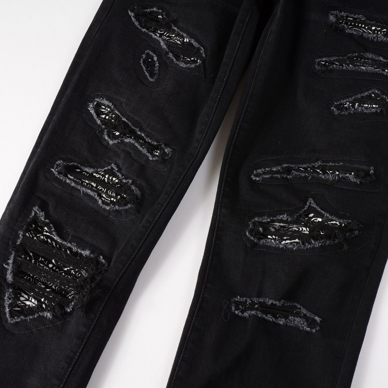 Herrenbekleidung Jeans Herren Cashew Blumen Patch Street Fashion Marke Slim Fit Röhrenjeans mit Löchern_voghion.com