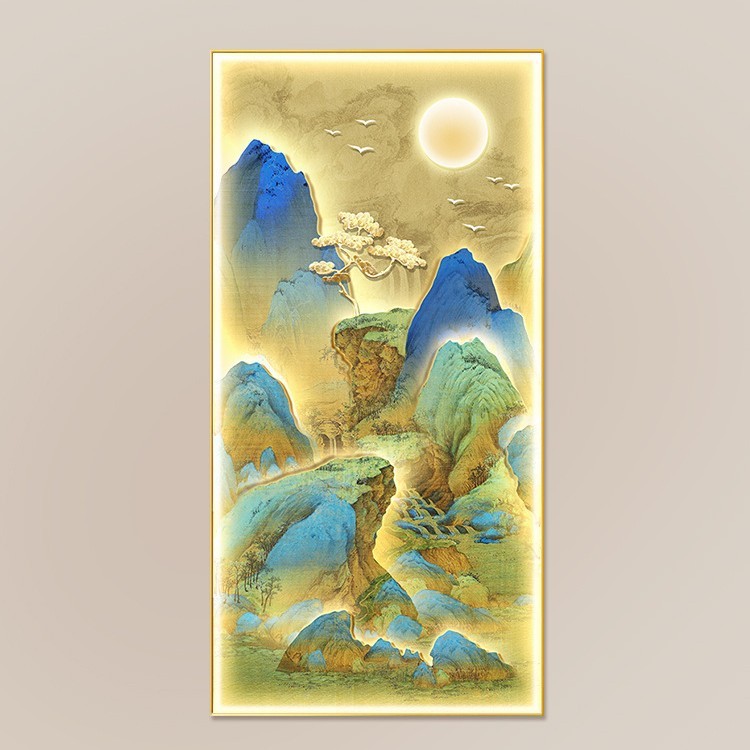 千里江山图玄关装饰画新中式进门入户挂画高级感走廊过道带灯壁画|undefined