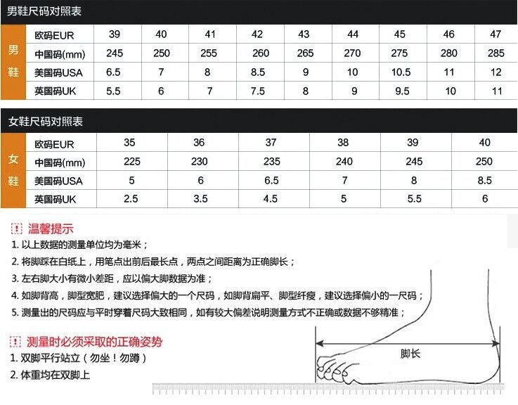 鞋码对照表