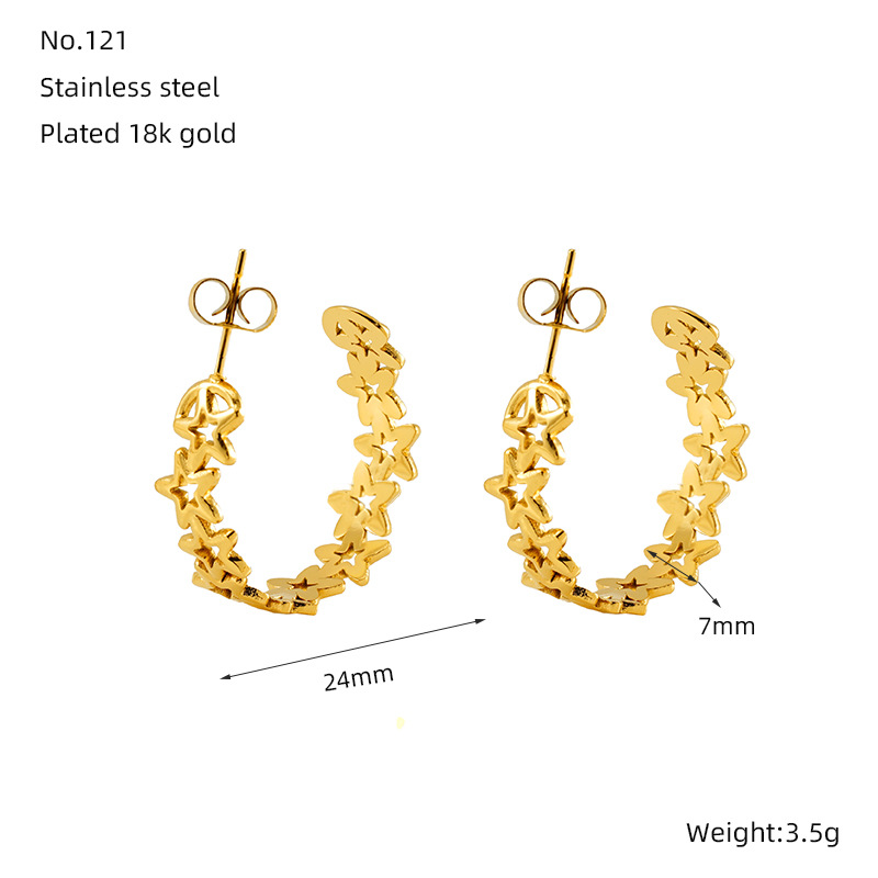 Nuevos pendientes de estrella de cinco puntas huecos de 18 quilates transfronterizos, diseño de nicho femenino, pendientes de personalidad de acero de titanio de moda simple al por mayor