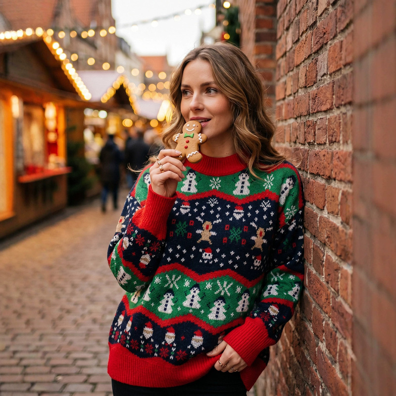 Red, Green, and Navy Blue Color-Blocking Snowman Gingerbread Man Christmas Sweater for Women, Autumn and Winter Loose-Fit Fair Isle Style Knitwear
