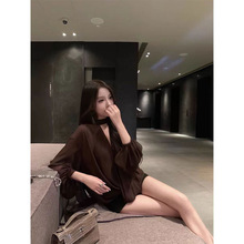 CHICYOU 咖啡色透视灯笼袖飘带领结宽松显瘦薄款百搭气质衬衫上衣
