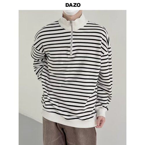 Men's Spring and Autumn Striped Half-Zip Stand Collar Sweatshirt, Ins Korean Version Fashion Loose Minimalist Long Sleeve T-Shirt Top