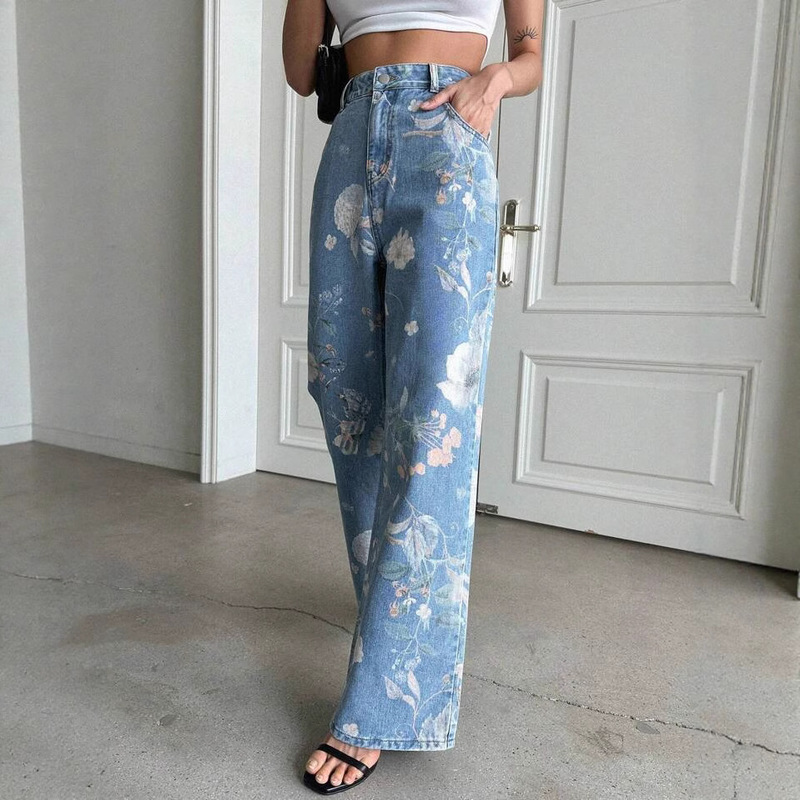American Retro Blue Floral Print Jeans for Women Summer New Design High Waist Straight Wide Leg Long Pants