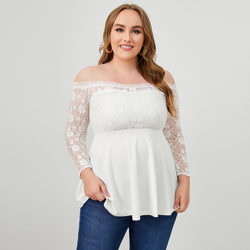 Plus Size One-Word Neck Long Sleeve Solid Color Flower Lace Top NSWCJ112806