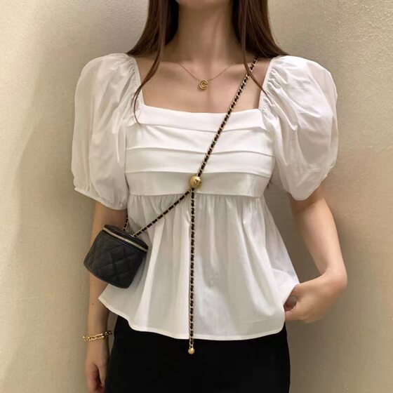 In-Stock Korean 2025 New Off-Shoulder Puff Sleeve Short-Sleeve Shirt Top for Women with Unique Design for Outerwear