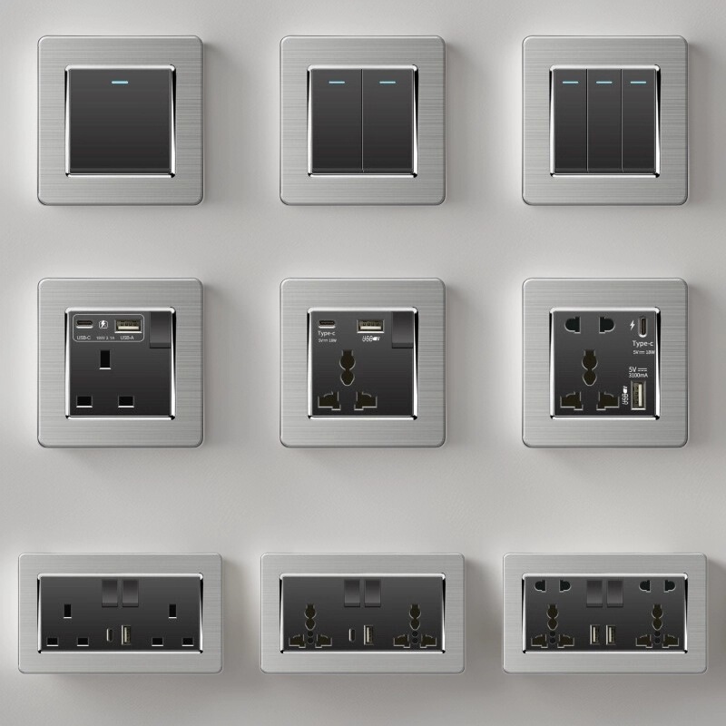 13A British Socket with USB Fast Charging Type-C British Standard Square Foot Hong Kong and Macao Version Black Stainless Steel Wire Switch Panel