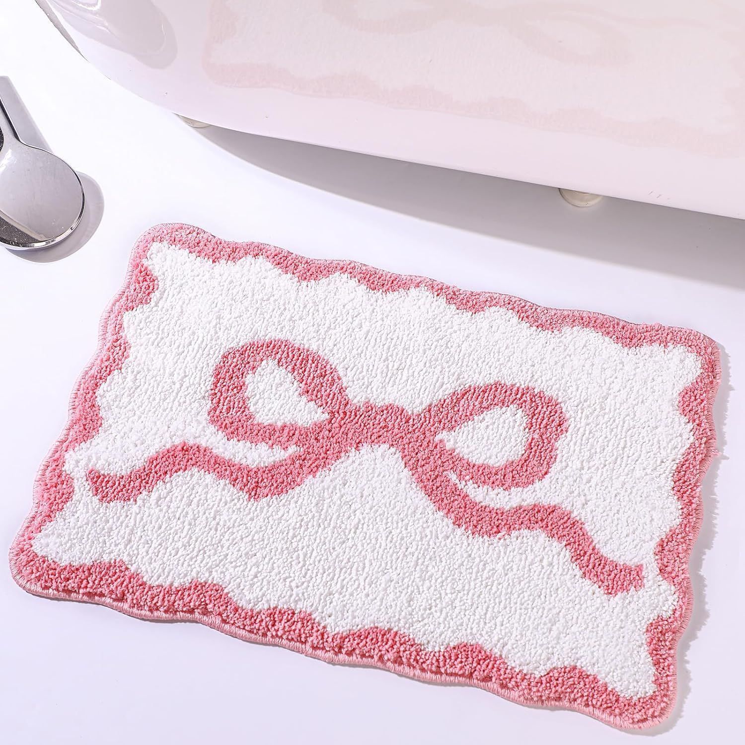 Simple Bow Print Pink Girl's Heart Floor Mat Bathroom Absorbent Mat Thickened Plush Foot Mat Bedroom Bedside Blanket