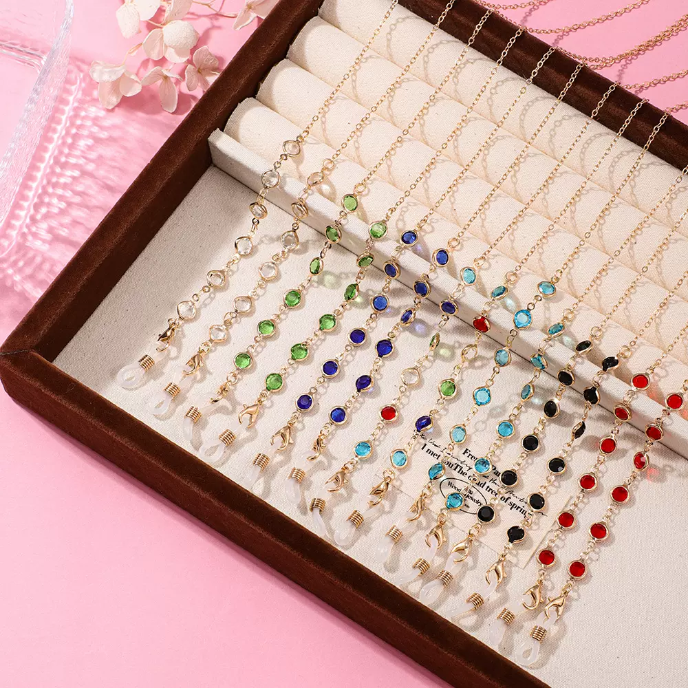 新款眼睛链欧美跨境热卖女多彩多色水晶挂脖绳防滑链眼镜挂链批发