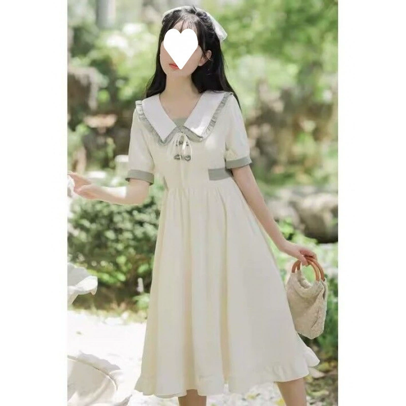 Свежее и простое платье для девочек, новый стиль лета 2025 года, для учащихся младших и старших классов, длинное платье с кукольным воротником «Лесная фея».
