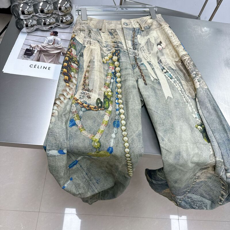 重工潮牌新款做旧风格蕾丝3D印花牛仔裤男女牛仔长裤明星同款潮流|undefined