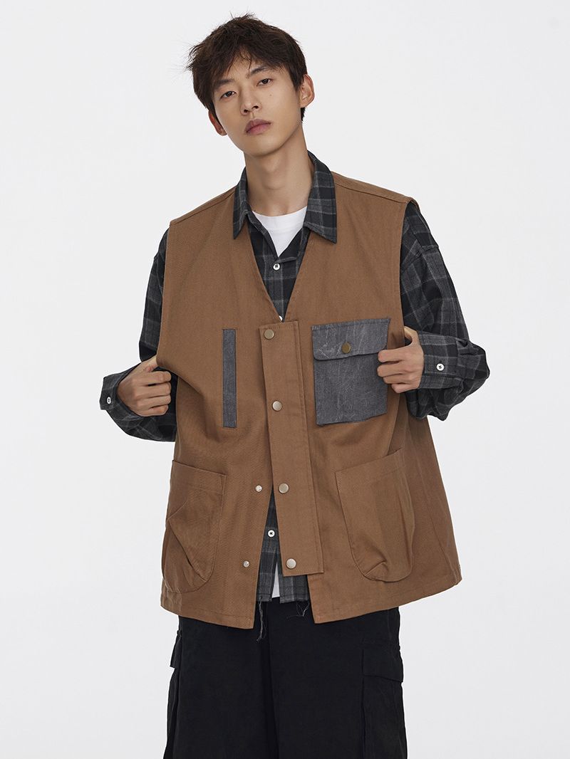 Wuhang|Autumn Fashion Brand Ami Khaki Workwear Vest Loose Couple Vest Multi-Pocket Jacket MJ9230