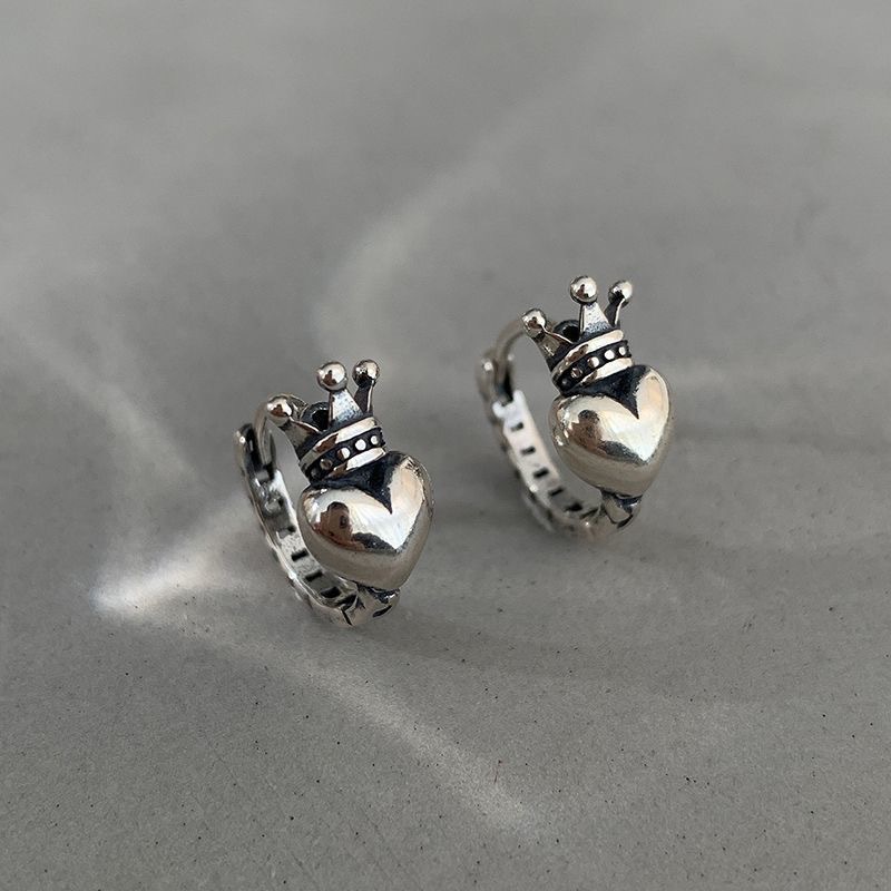 Original Imitation Thai Silver Unique Designer Texture Heavy Crown Heart Earrings Women's New Trendy Personalized Jewelry Wholesale