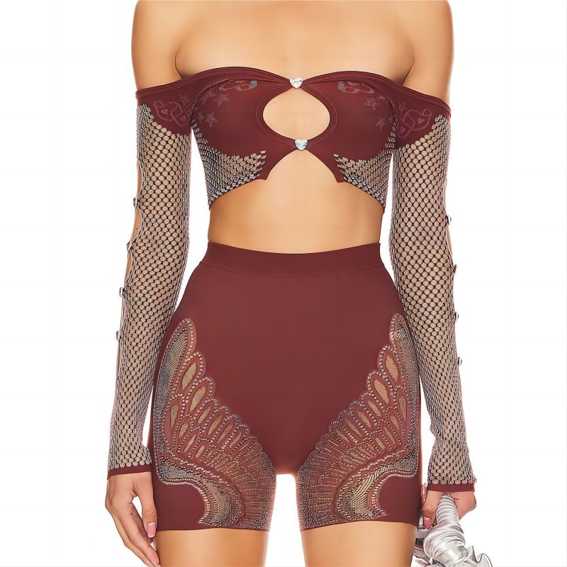 Women Solid Color Off Shoulder Long Sleeves Cropped Top High Cut Slim Shorts One Piece Knitting Suit