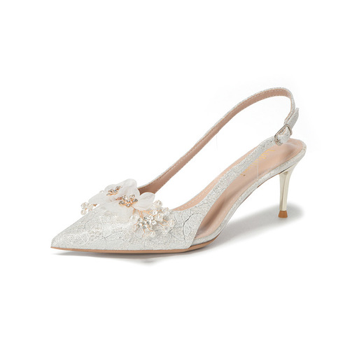 French-style golden bridal wedding shoes: stiletto heels with pointed toes, low-cut design, adorned with floral rhinestones, and featuring a chic open-toe back for women.