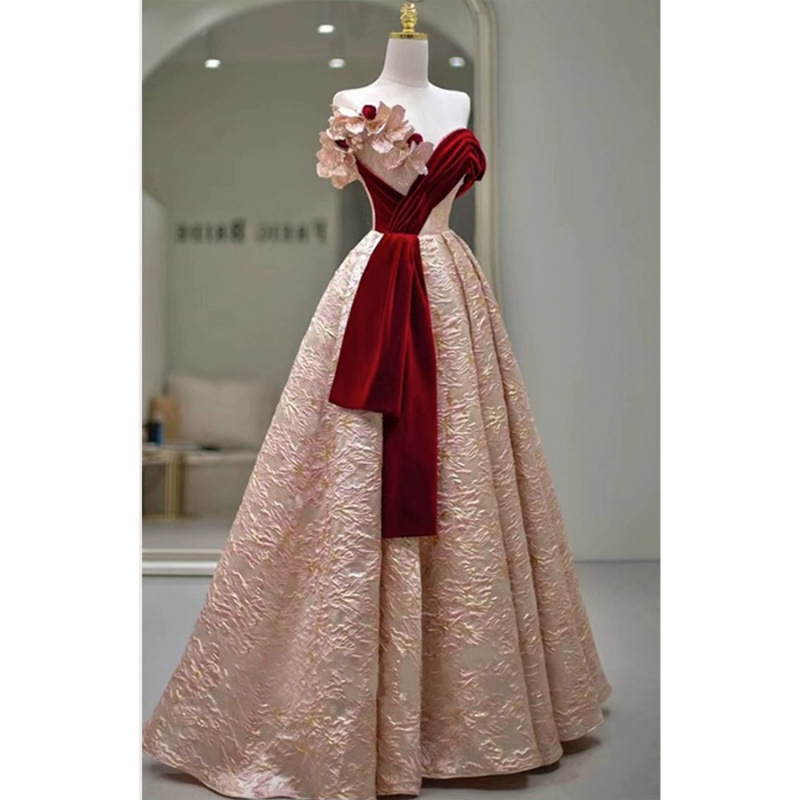 Fashionable Slimming Flower off-shoulder Bride Wedding Evening Dress Toasting Dress Banquet Performance Wedding Dress plus size