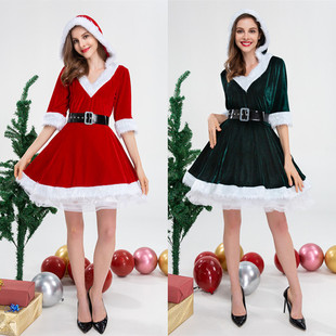Real-life Christmas Costume Adult Women's European and American Watch Costume V-neck Green Red Santa Claus dress
