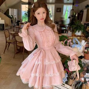 2025甜美可愛櫻花粉娃娃領小飛袖蛋糕連衣裙女夏季長袖蓬蓬公主裙