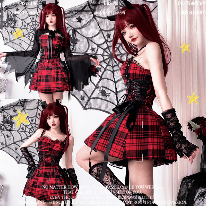 European and American Dark Gothic Subculture Lace Sexy Sweet Cool Y2K Plaid Lolita Dress Singing Performance Costume