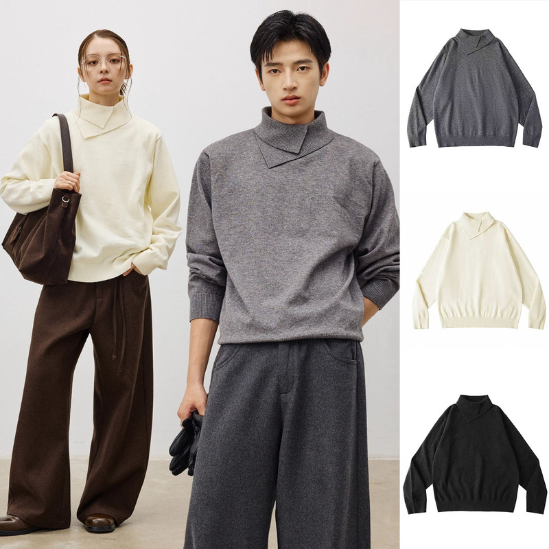 Unique Design Double-Layer Collar Knit Sweater for Men, High-End Autumn and Winter Sweater, Foreign Trade Cross-Border Wholesale, Light Luxury and Premium Feel