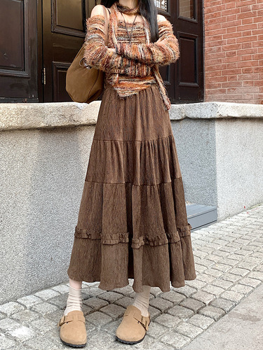 Korean Style Pleated Semi-Skirt for Women, Autumn/Winter New Arrival Satin Fringe High-Waist Slimming A-Line Medium-Length Umbrella Skirt, Instagram Style