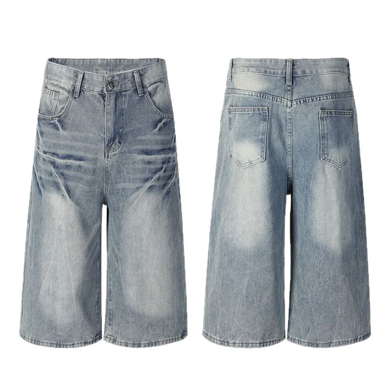 Unisex High-Street Loose Fit Cropped Jeans Lightning Bolt Washed Denim Shorts Blue M-3XL Soft Washed Denim_mkmklike.com