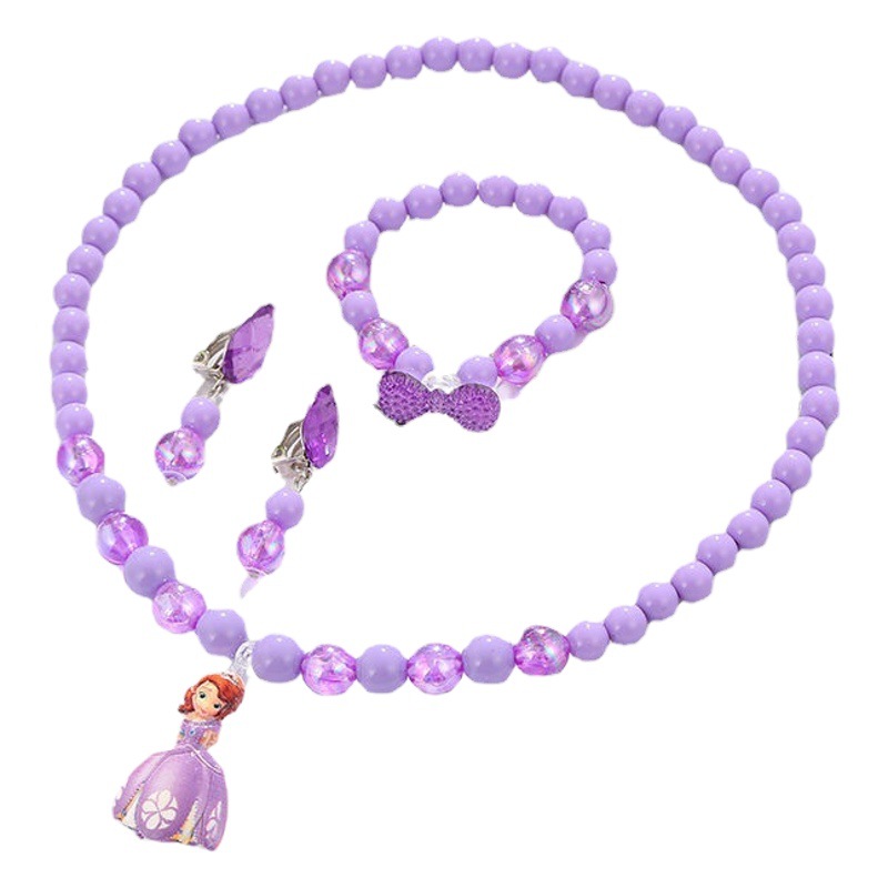 Children's Necklace Bracelet Ear Clip Ring Set Ice and Snow Princess Necklace Children's Beaded Jewelry Set Wholesale