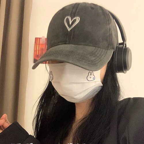 Water-wash distressed girls' large head circumference duckbill cap retro sweet cool spicy girl heart soft top baseball cap makes face look smaller