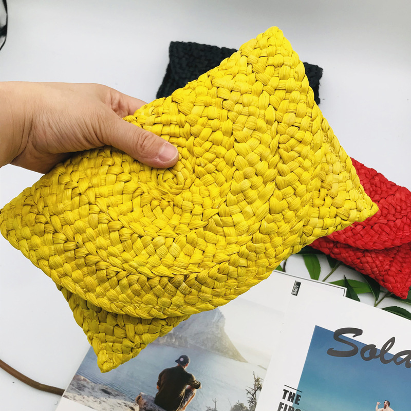Yellow Red Green Straw Solid Color Weave Square Evening Bags display picture 5
