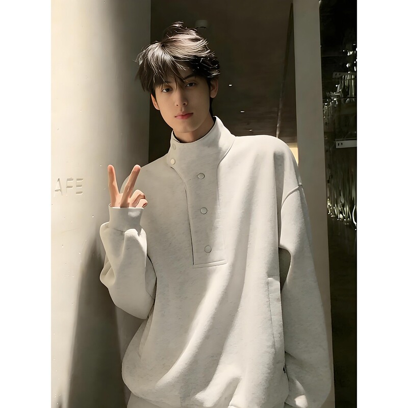 2026 New Style Patchwork Button Stand Collar Sweatshirt for Men, Spring High-End Heavyweight Long-Sleeve T-Shirt, American-Style Boxy Jacket 2026 New Style Patchwork Button Stand Collar Sweatshirt for Men, Spring High-End Heavyweight Long-Sleeve T-Shirt, American-Style Boxy Jacket