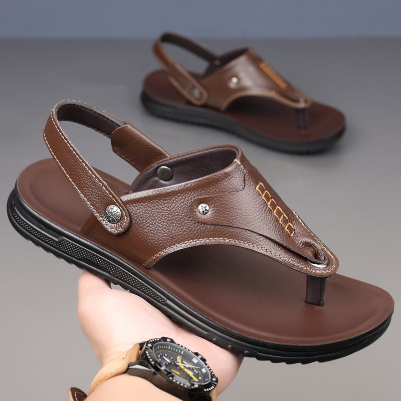 Dép sandal nam da bò lớp đầu xỏ ngón, đế cao 1 cm chống trượt đi biển — Màu nâu, màu vàng, màu đen