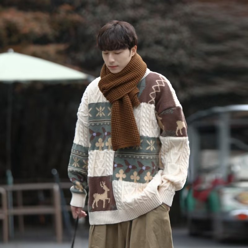 Jacquard Retro Knitted Sweater Christmas Sweater Men's and Women's Winter High-end Fashioning Brand Thickened Loose Round Neck Sweater Coat