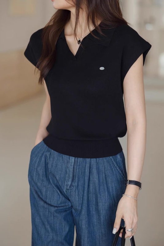 白色亚麻天丝翻领针织短袖女2025新款夏气质短款POLO衫上衣A5361|undefined