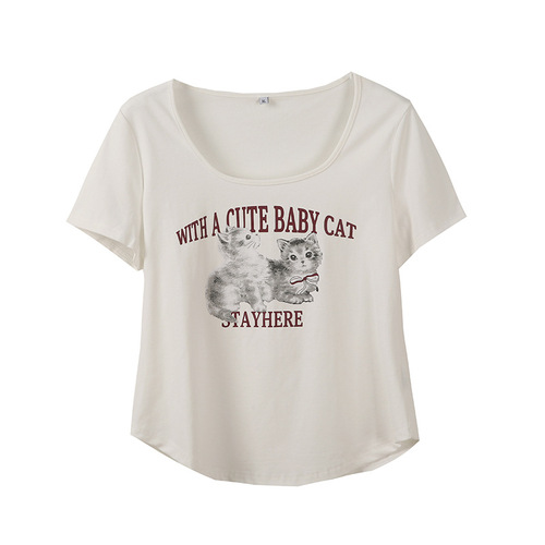 Eno Plus Size Women's Pure Desire Cat Print T-Shirt Summer U-Neck Slimming Top 250346
